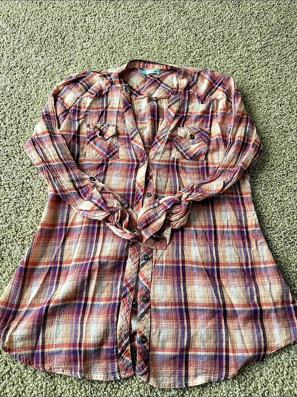 maurices Plaid Tie Front Top in Pink & Purple Size Large